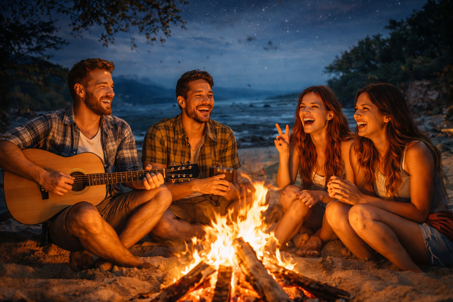 Friends talking and laughing around a beach campfire at night