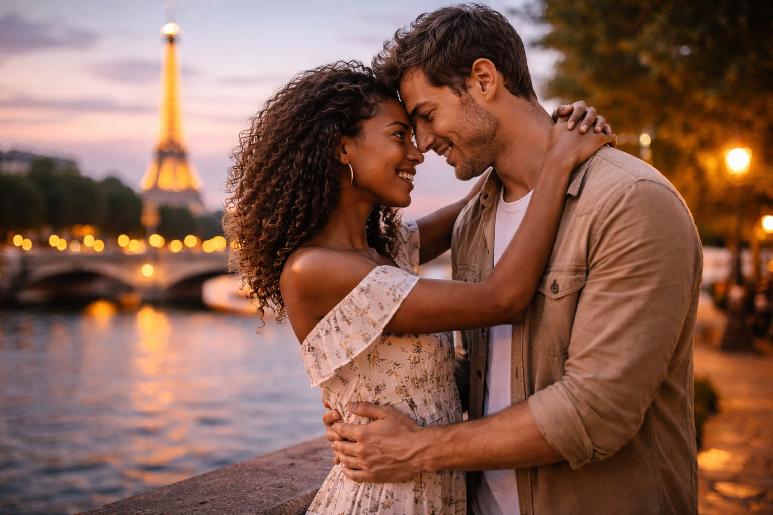 A couple embracing on a bridge in Venice at sunset